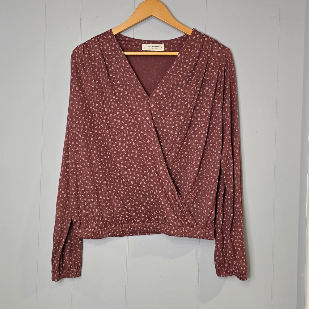 Lucky Brand Women's Burgundy Floral Wrap Long Sleeve V Neck Blouse Top M